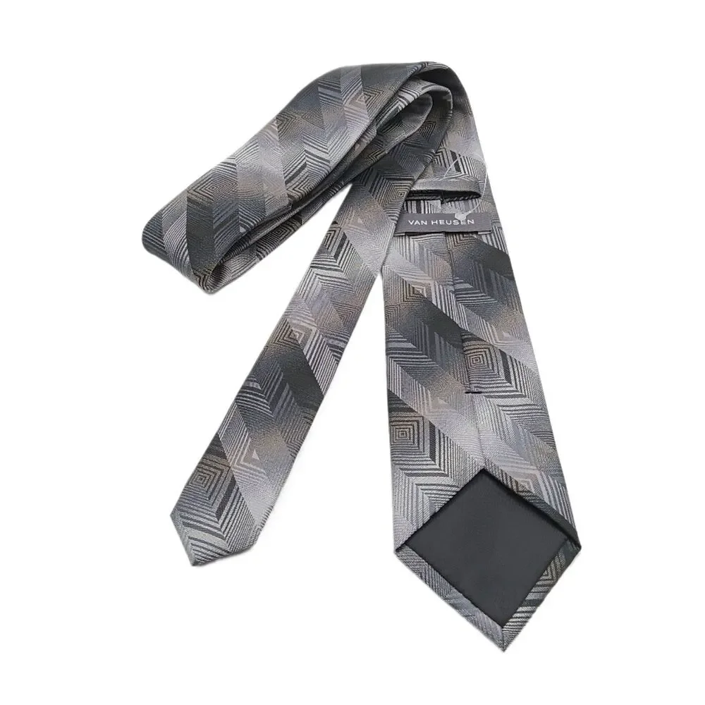 Van Heusen Geometric Tie Mens 60” Gray Microfiber Geometric Stripe Classic New
